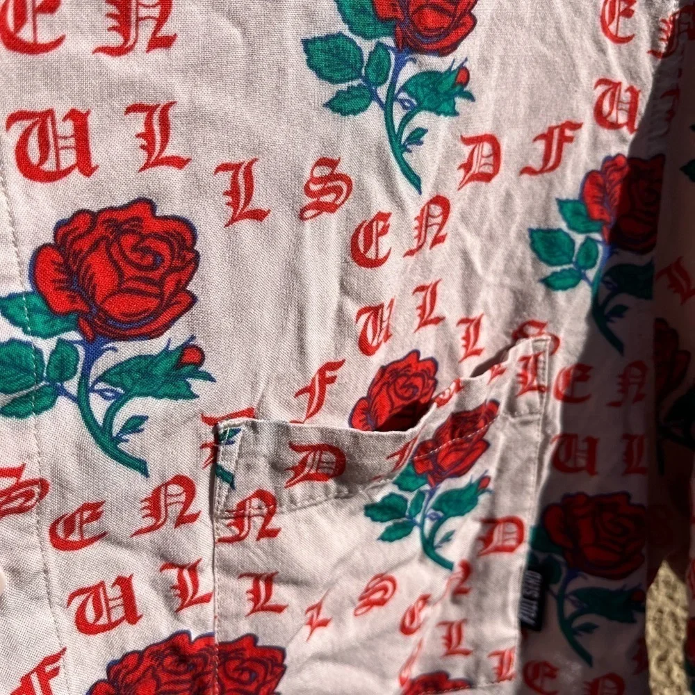 Men's Full Send Button-Down Shirt Multicolor Roses Spell-Out XL‎ Street Art City